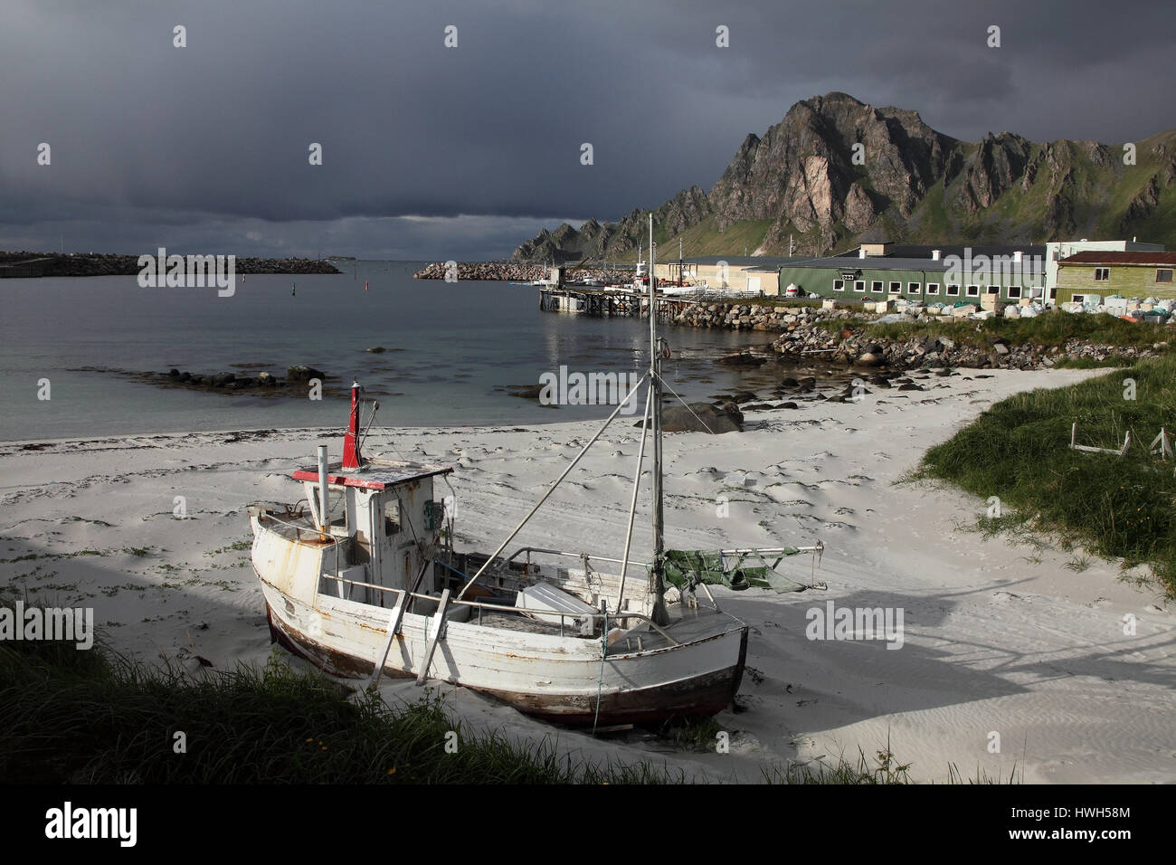 'Fishing boat on the beach, Norway; Norway; Vester ? ? len; Bleik; Kleivodden, beach; beach; sand; coast; coast; fishing boat; fishing boat, weather,  Stock Photo