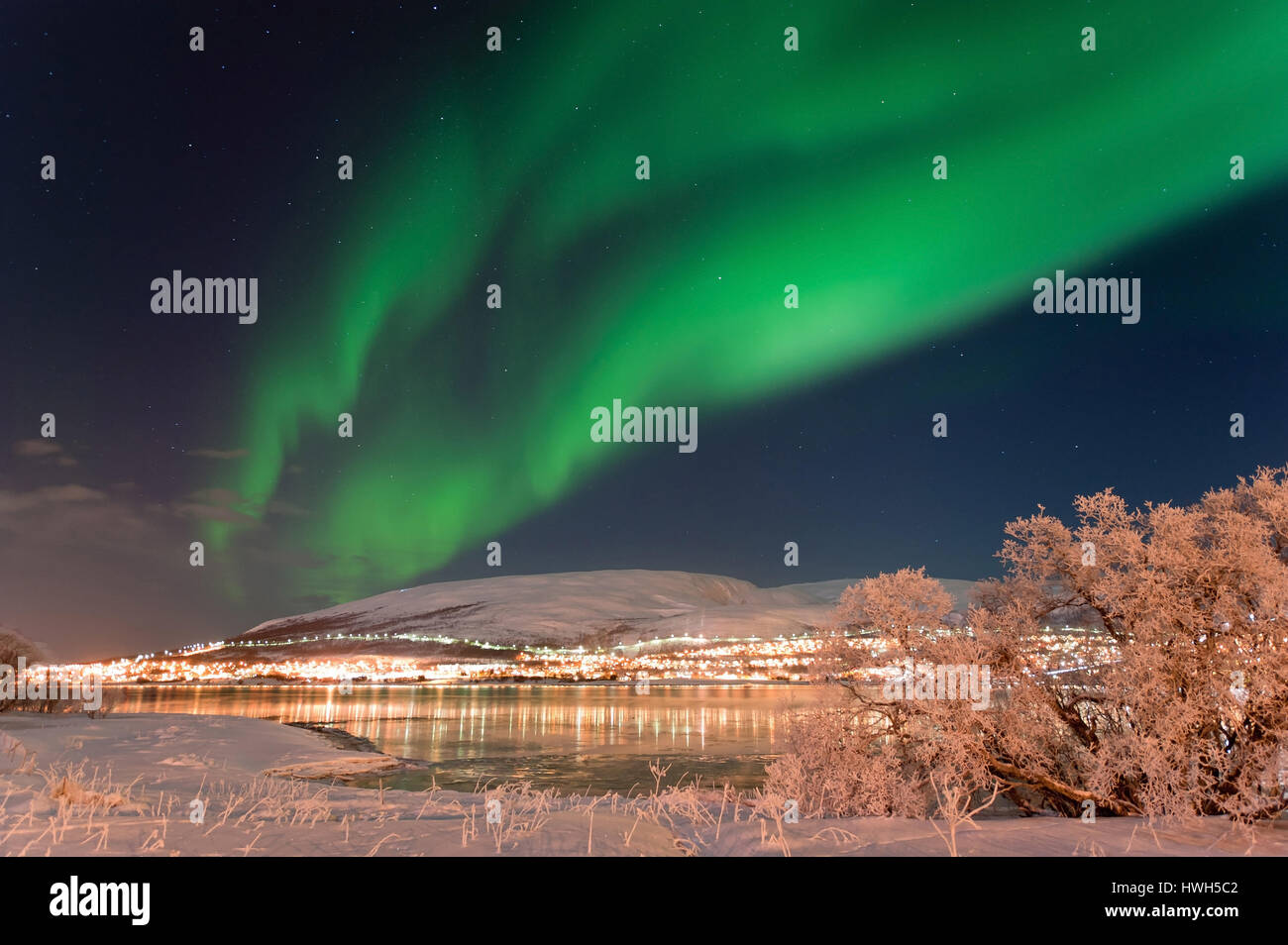 "North light about Kval ? ?ya, Norway; Norway; Troms; Sandnessund, north light, polar light, northern lights, polar light, aurora borealis, clouds, cl Stock Photo
