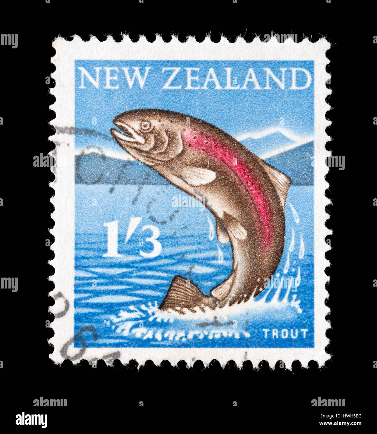 Postage stamp from New Zealand depicting a trout Stock Photo