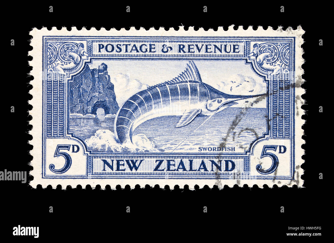 Postage stamp from New Zealand depicting a swordfish jumping after being caught by a sport fisherman. Stock Photo