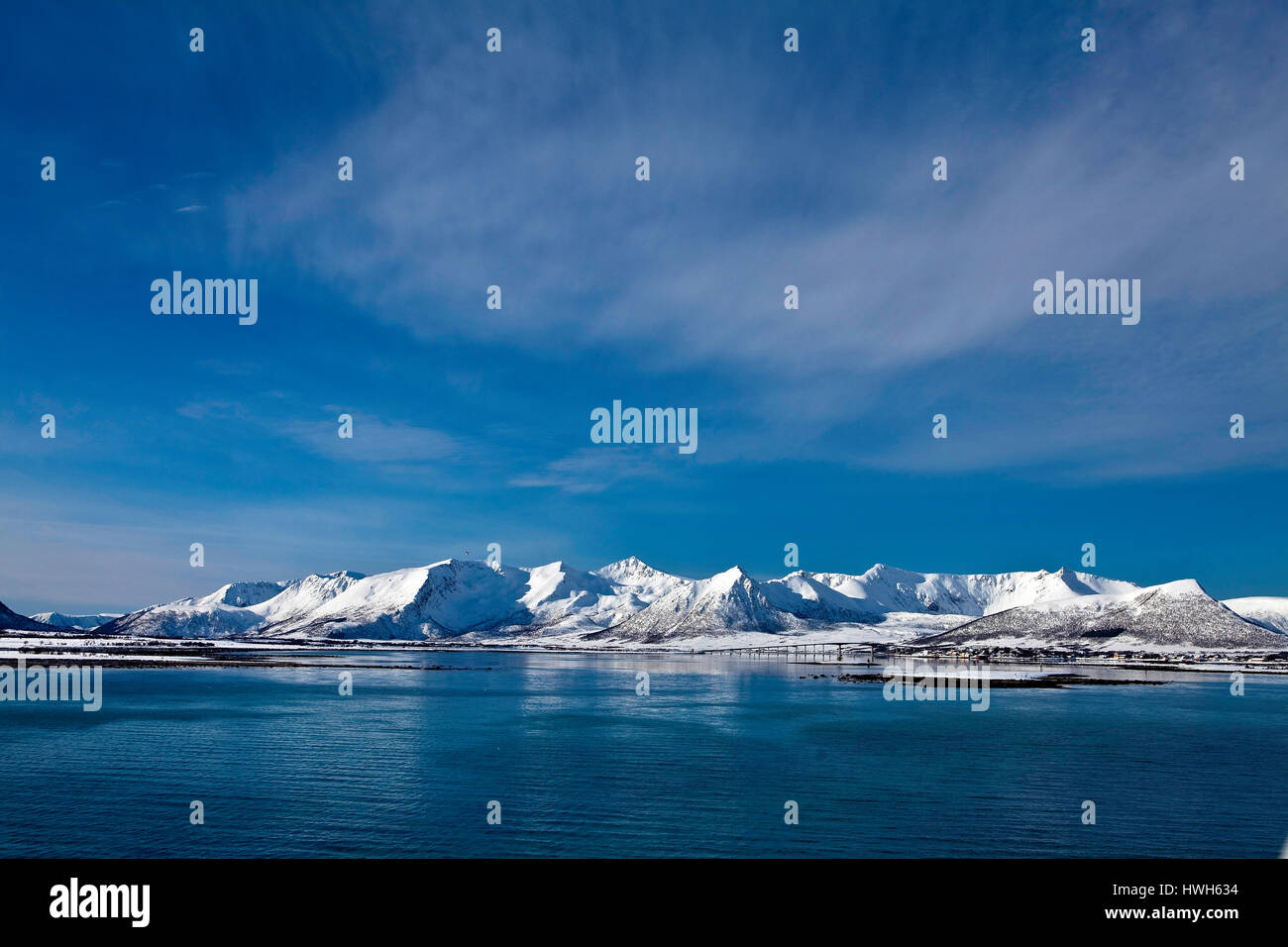 'And ? ?ya, Norway; Norway; northern country, Vester ? ? len, And ? ?ya, Ris ? ?yhamn, blue sky; blue sky; mountains; mountains; seasons; seasons; win Stock Photo