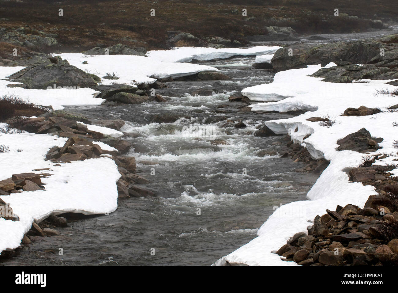 Thaw on the Saltfjell, Norway, northern country, Saltfjell, seasons, spring, thaw, brook, water, scenery, Norway, northern country, Saltfjellet, seaso Stock Photo