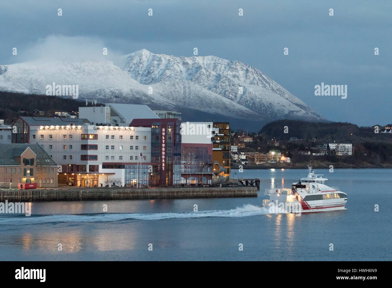 Tomorrow in Harstad, Norway, Troms, Harstad, Gryt ? ?ya, Gryt?ya, island, mountains, morning skies, tourism, pier, ferry, catamaran, swift boat, hotel Stock Photo