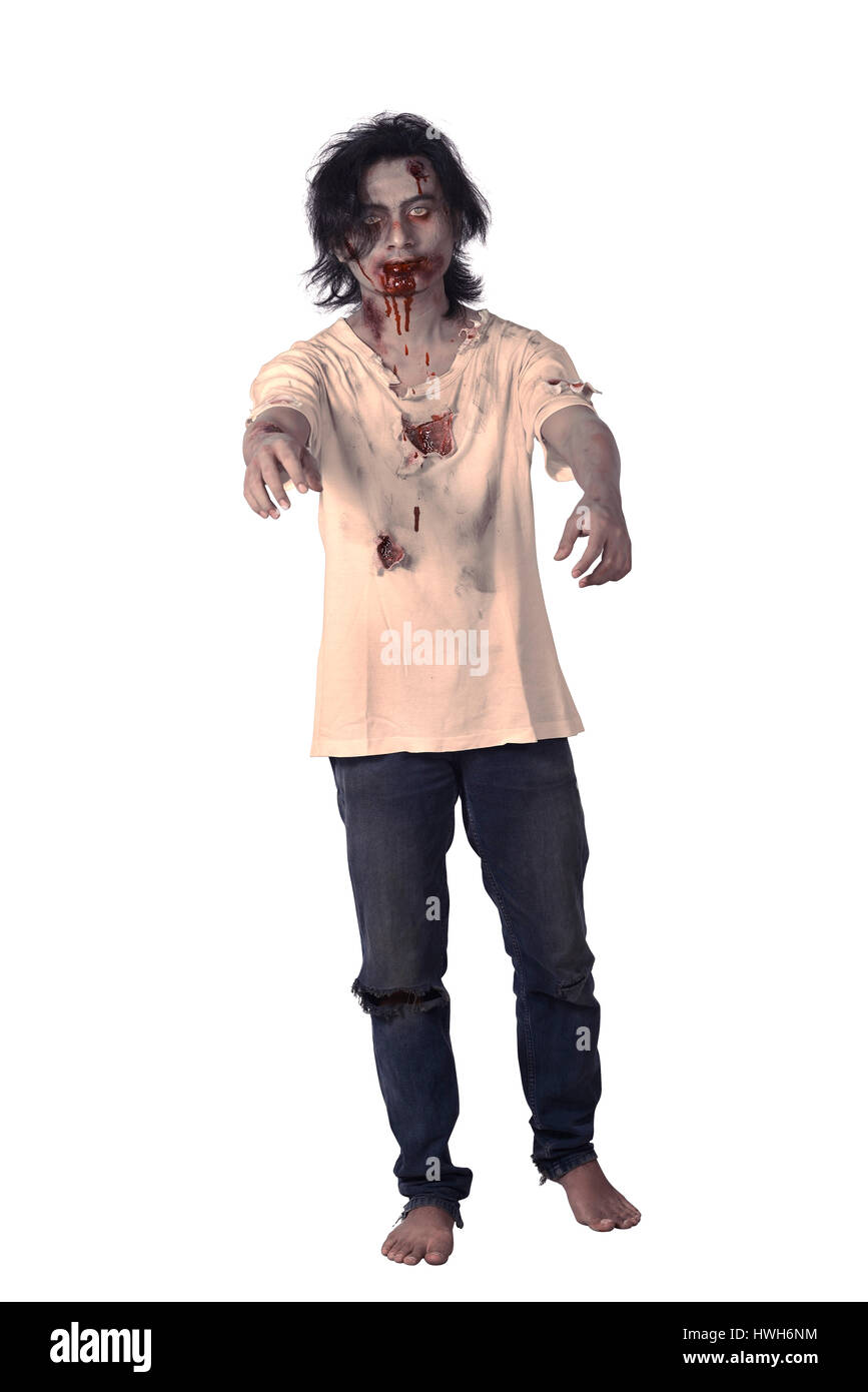 Scary asian male zombie isolated over white background Stock Photo