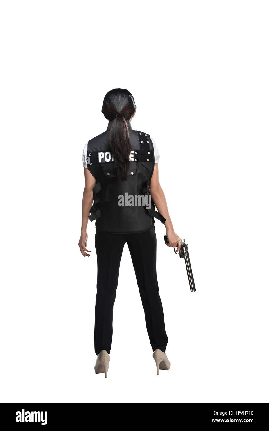 Back view of woman holding gun isolated on white background Stock Photo