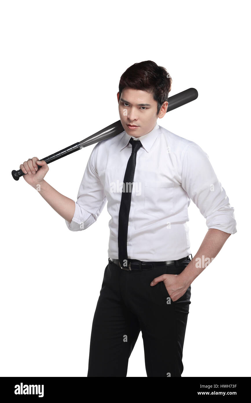 Young business man holding baseball bat isolated over white background  Stock Photo - Alamy