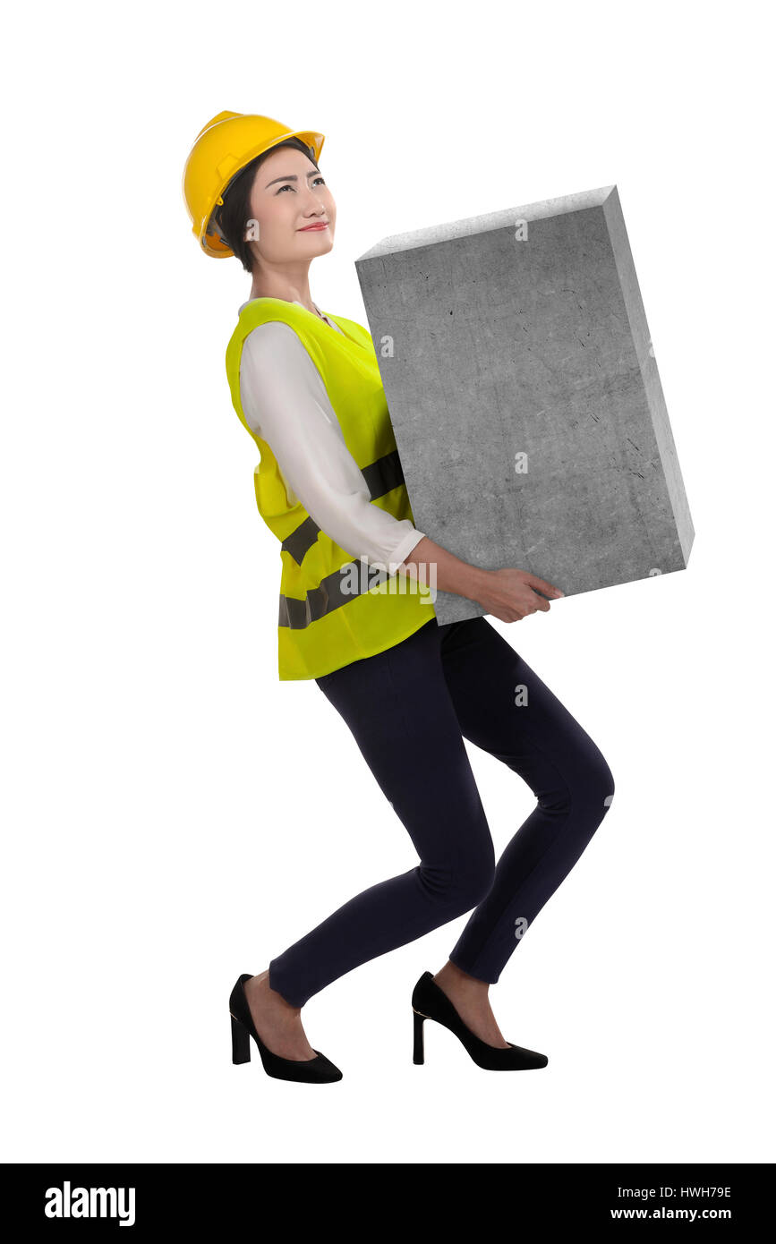 Asian business woman lift heavy box isolated over white background Stock Photo