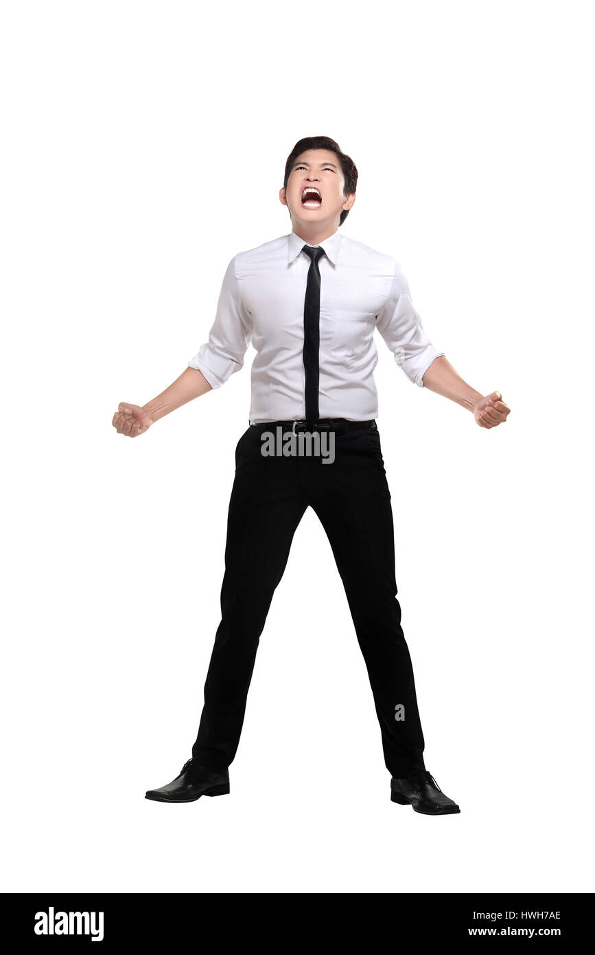 Business man screaming happy isolated over white background Stock Photo