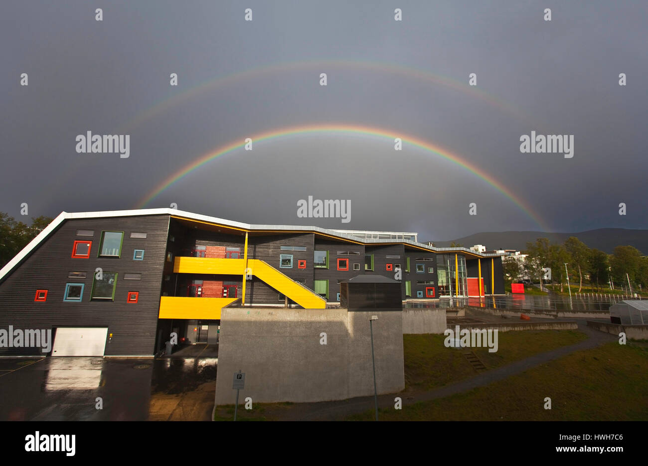 'double rainbow, Norway; Norway; Troms?, Fagereng skole, school, school, weather, weather, rainbows, rainbow, two, two, twice, stands in', doppelter R Stock Photo