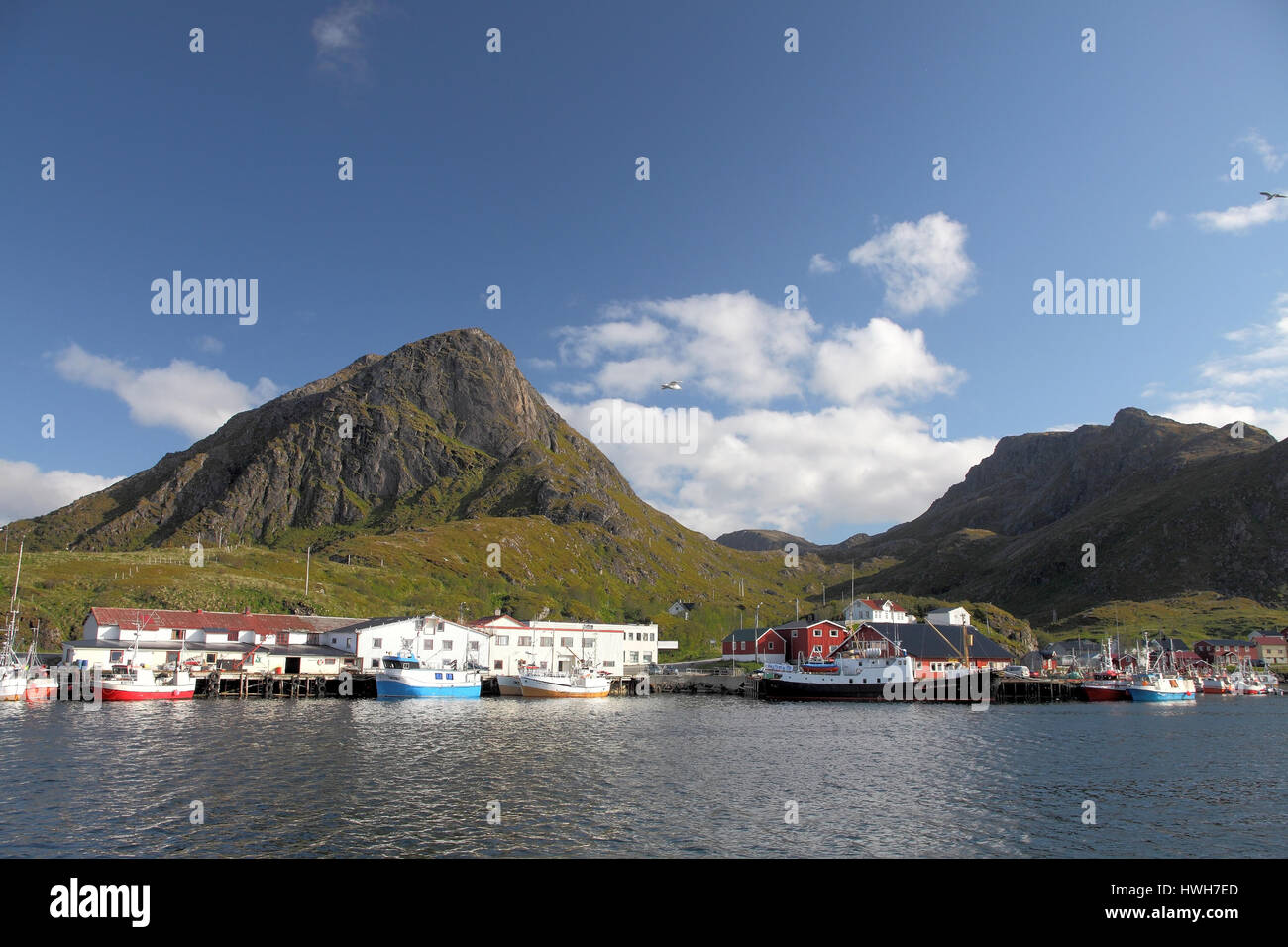 'Fishing port Saint ? ? on Vester ? ? len, Norway; Norway; Vester ? ? len; Saint ? ?; fishing; fishery, harbour, Harbour, mountain, mountain, pier, do Stock Photo