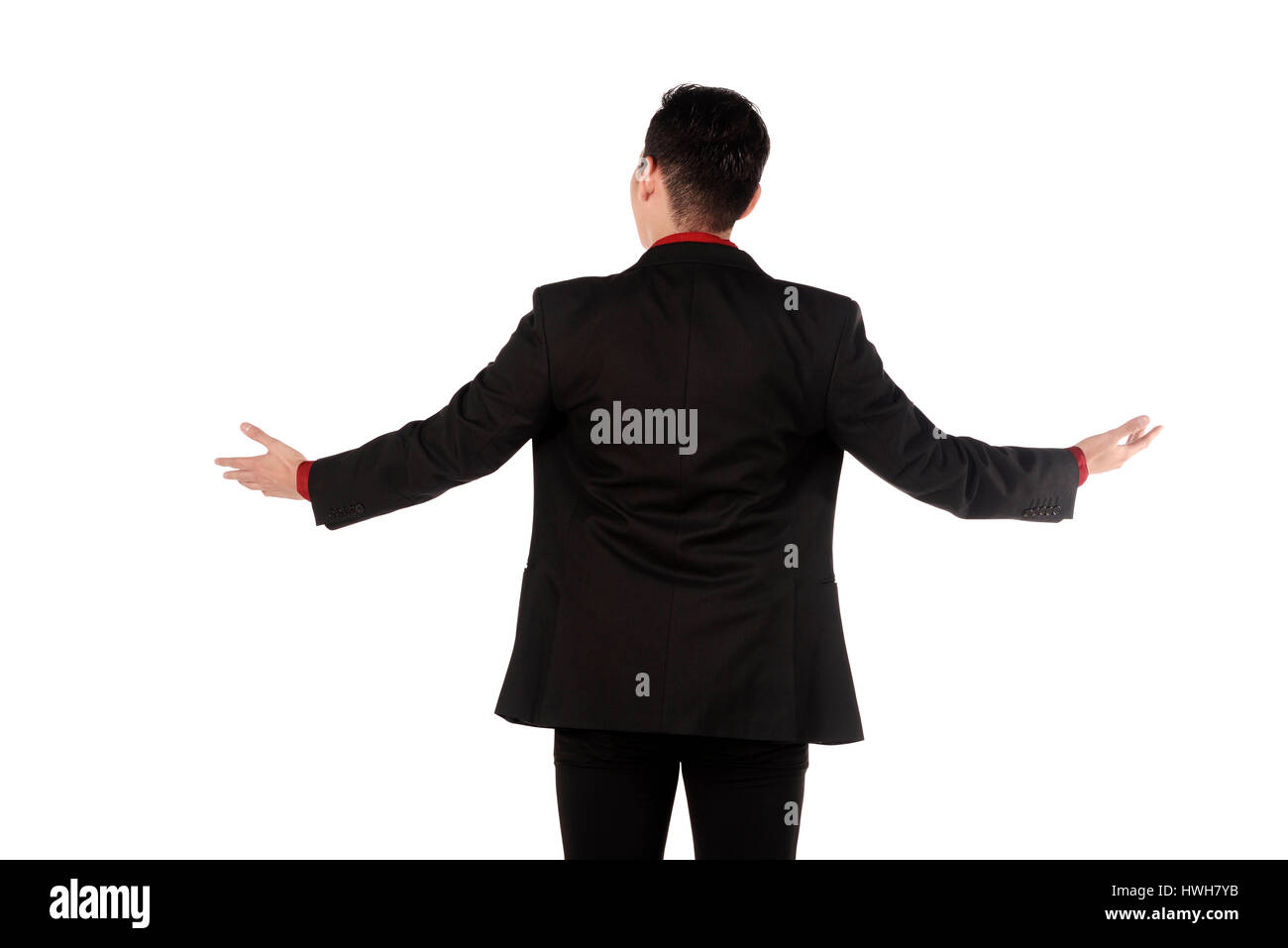 Business man giving lecture taken from behind isolated over white background Stock Photo
