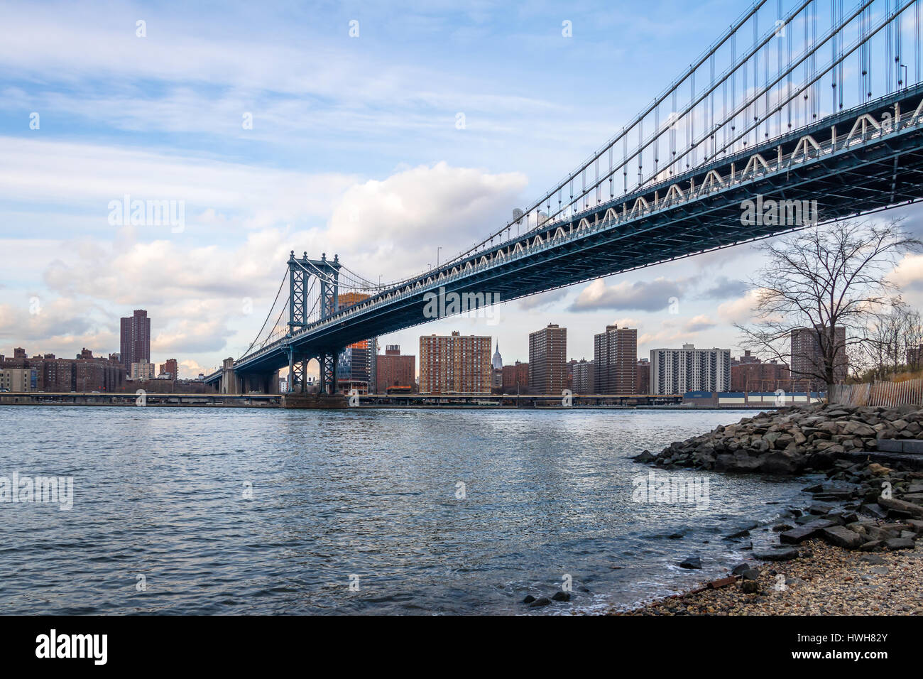 Manhattan Bridge and Manhattan Skyline - New York, USA Stock Photo