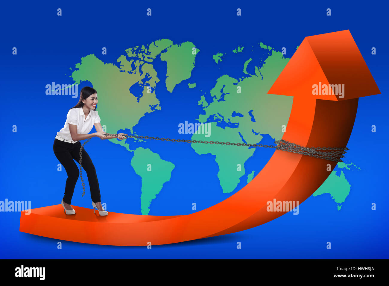 Image of asian business woman pulling red arrow with chain Stock Photo ...