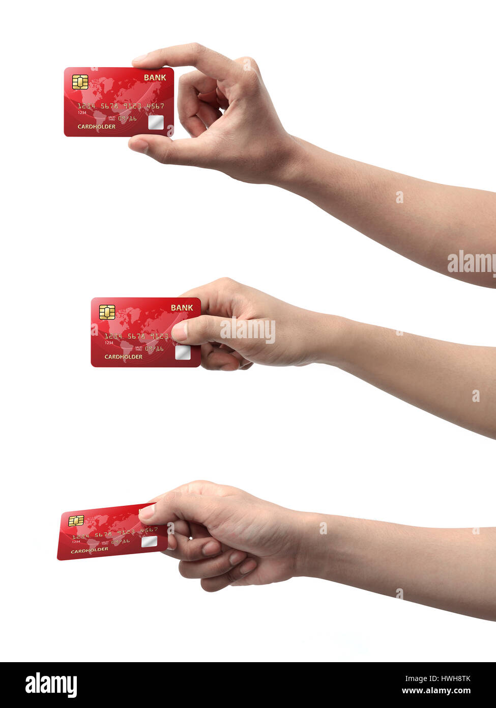 Collection of hand holding credit card isolated over white background Stock Photo
