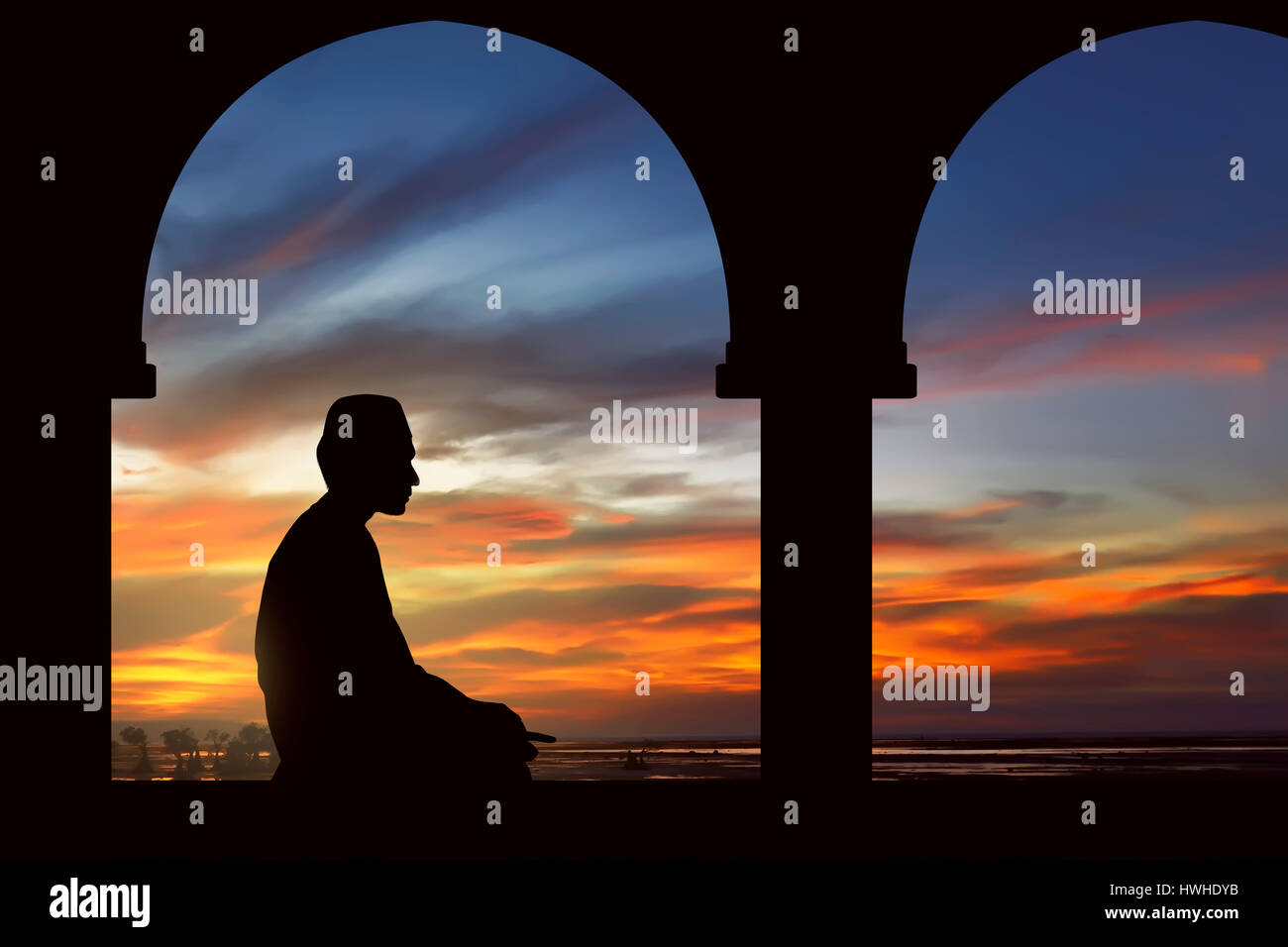 Image of silhouette man praying with mosque background Stock Photo - Alamy