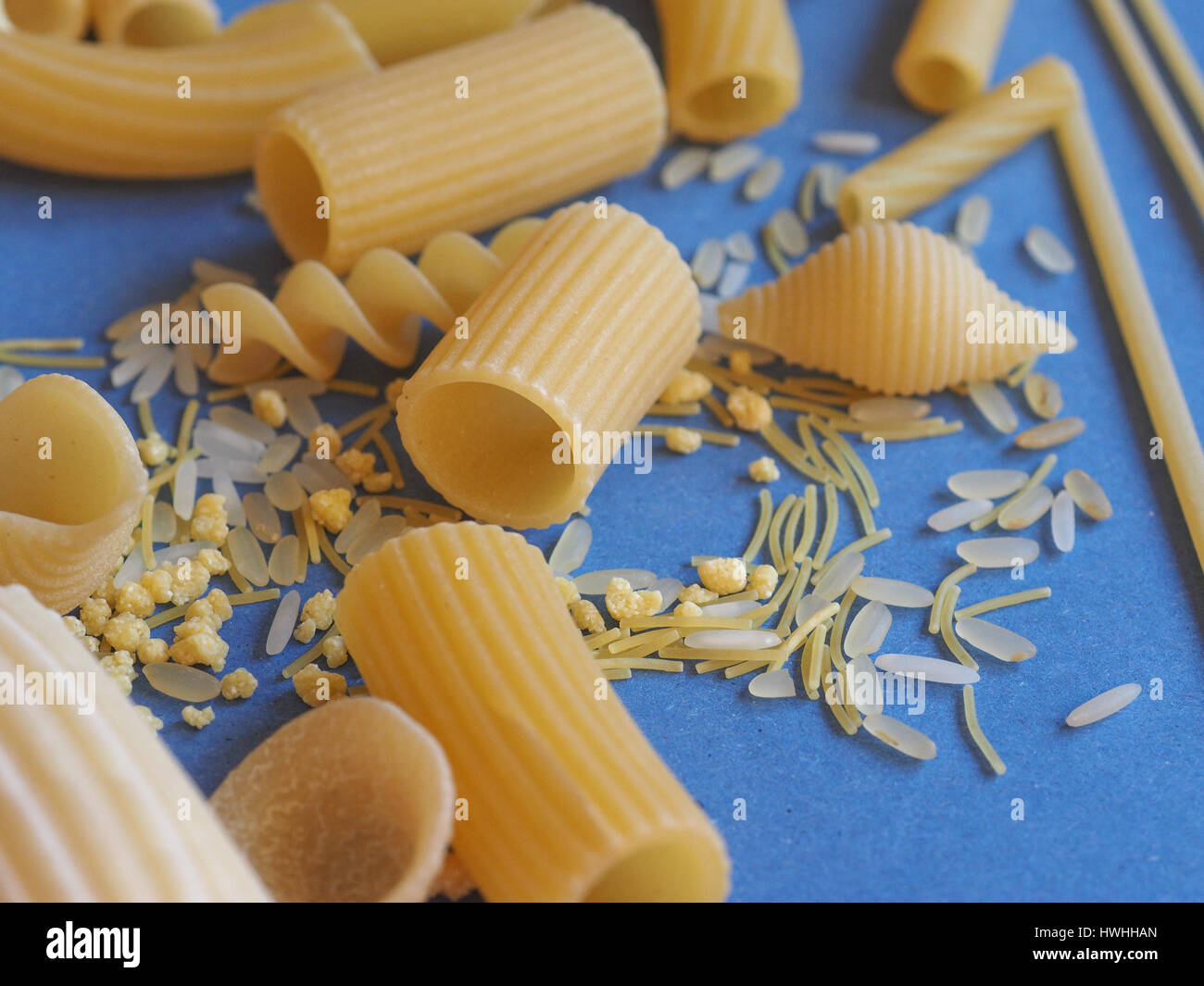 Many different kinds of Italian pasta including penne macaroni