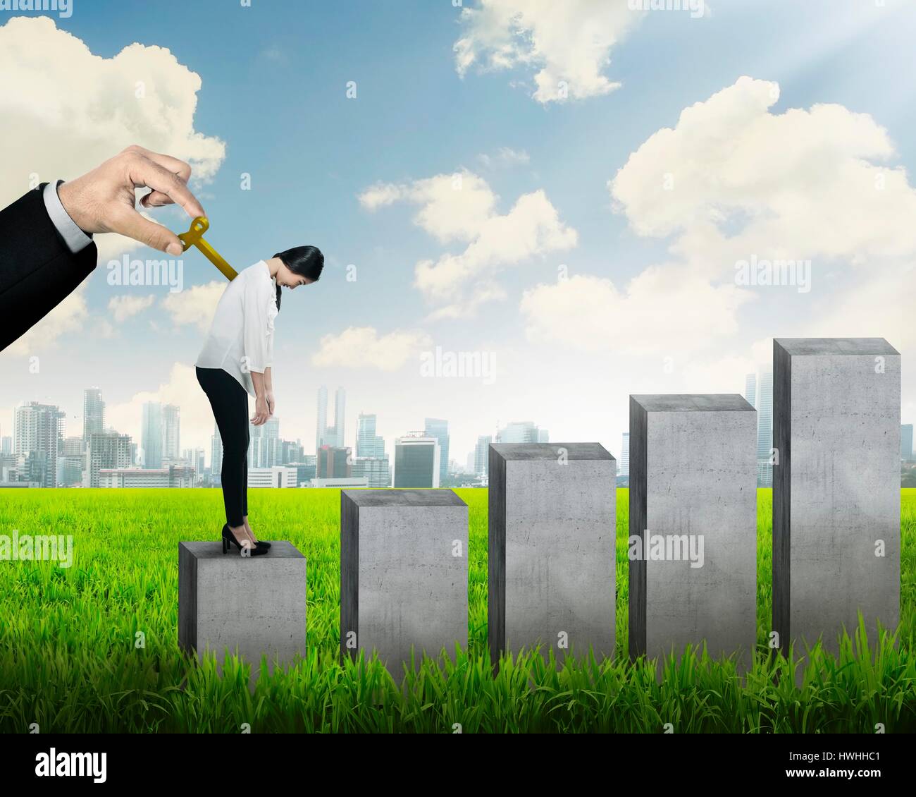 Hand turns clockwork on the back of business person, concept to control ...