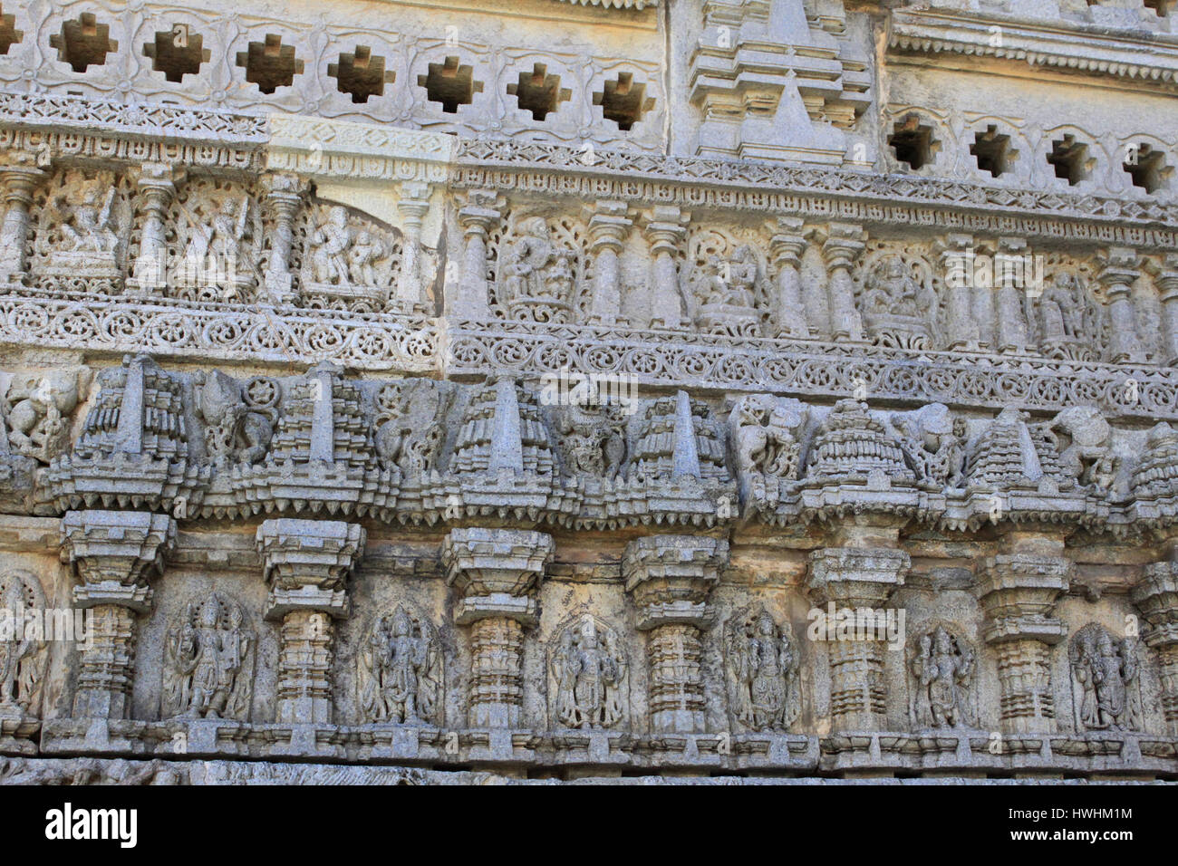 Detailed stone carving, Wall relief, molding frieze at the Chennakesava Temple, Hoysala Architecture, Somanathpur, Karnataka, India Stock Photo