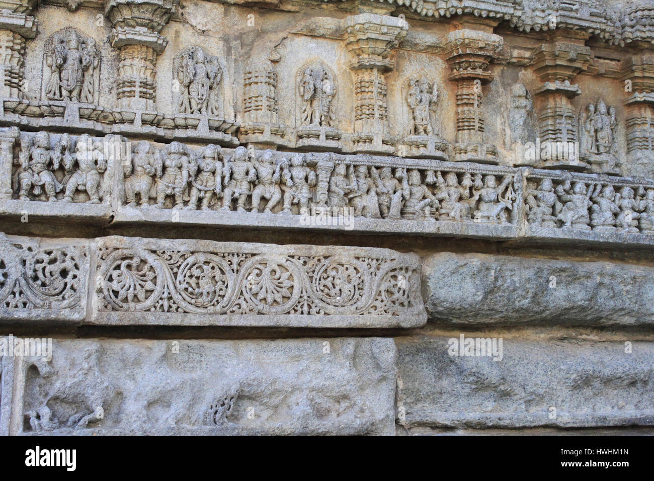 Detailed stone carving, wall relief, sculptures at Chennakesava Temple, Hoysala Architecture, Somanathpur, Karnataka, India Stock Photo