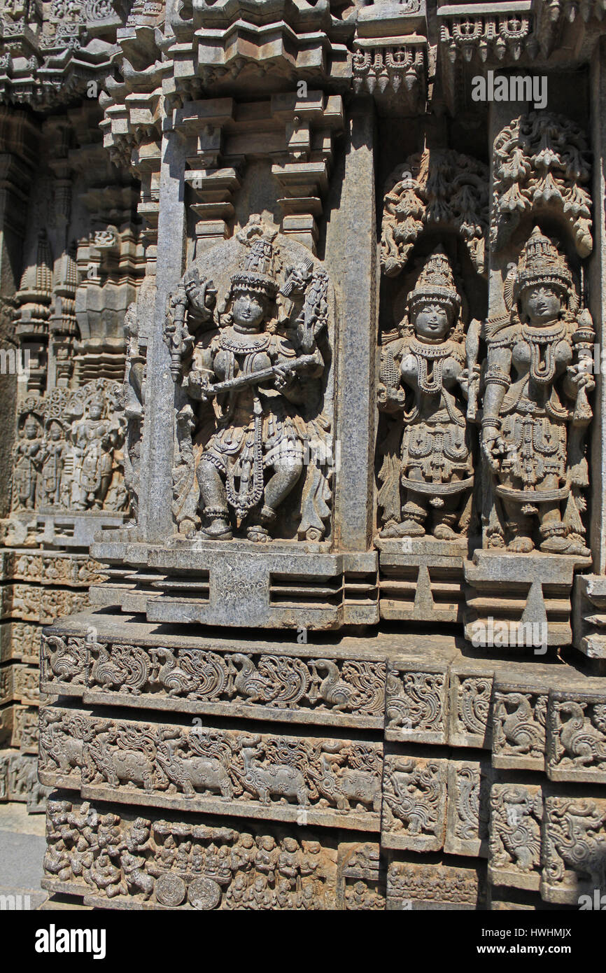 Close up sculpture of Goddess Saraswati at Chennakesava Temple, Hoysala Architecture at Somnathpur, Karnataka, India Stock Photo