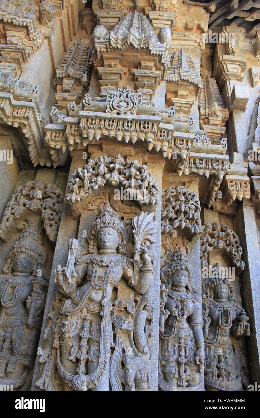 Decorative wall molding frieze and deity sculpture in the Chennakesava Temple, Hoysala Architecture , Somanathpur, Karnataka, India Stock Photo