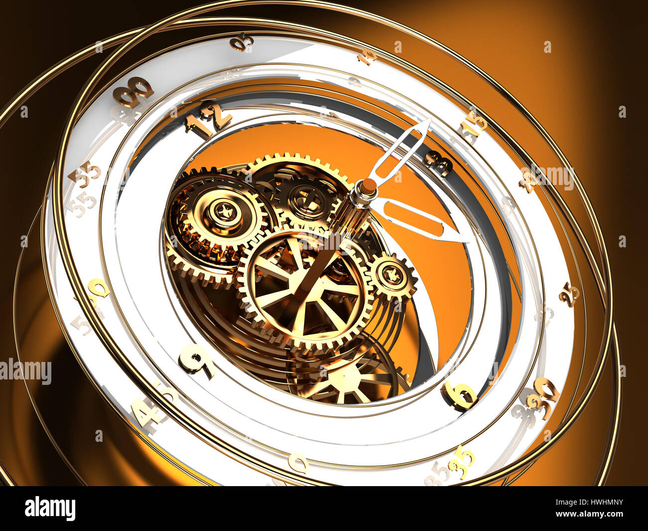 abstract 3d illustration of golden clock mechanism time flow