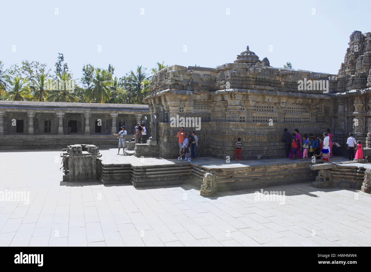 Side view, temple hall and the entrance to the shrine, at the Chennakesava temple, Hoysala Architecture at Somnathpur, Karnataka, India Stock Photo