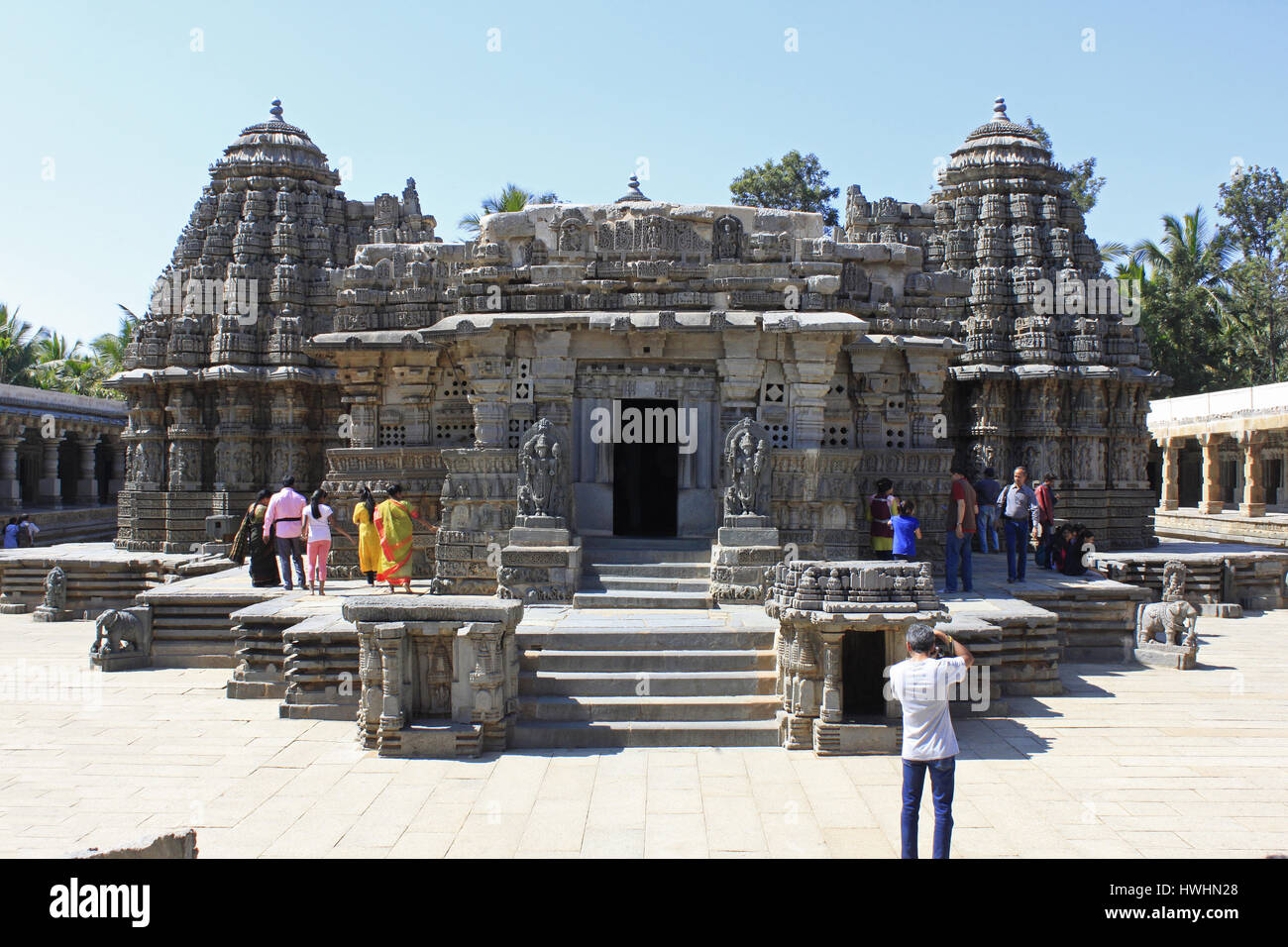 Frontal view of temple, showcasing stellate design towers, ornamented, detailed stone carvings, at Chennakesava Temple, Hoysala Architecture, Somanath Stock Photo