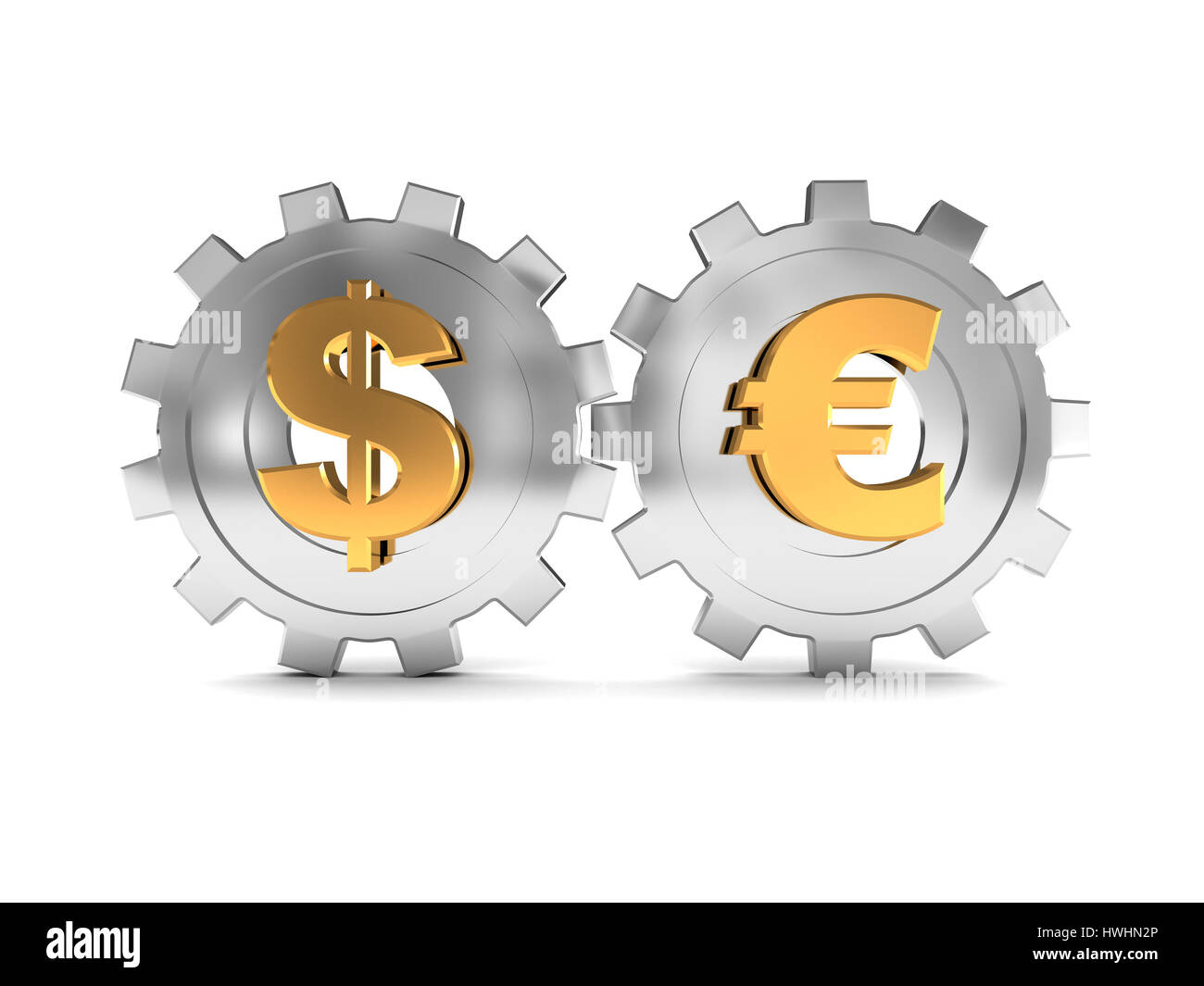 3d illustration of two gear wheels system with dollar and euro signs ...