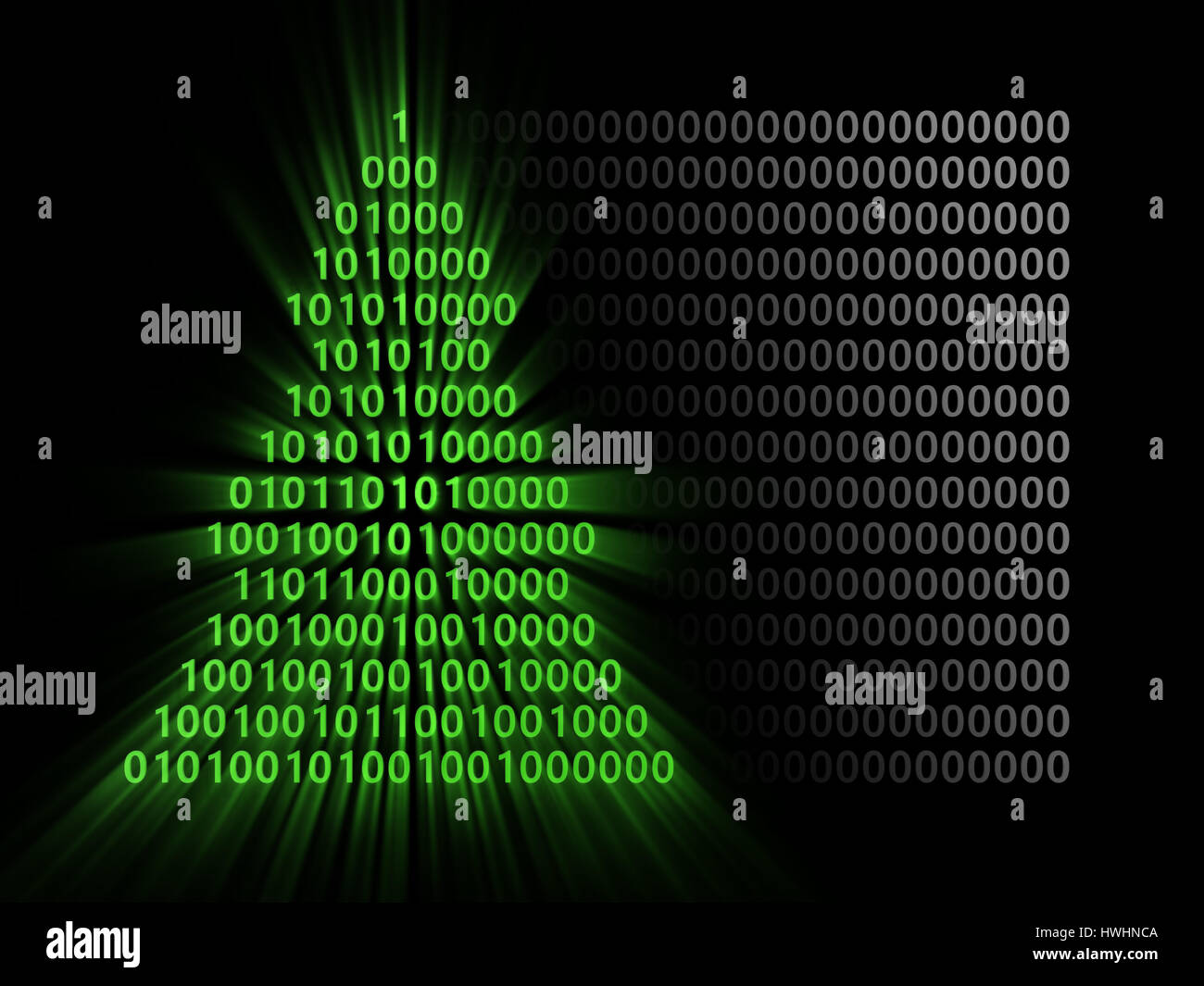 3d illustration of binary code christmas tree, over black background ...