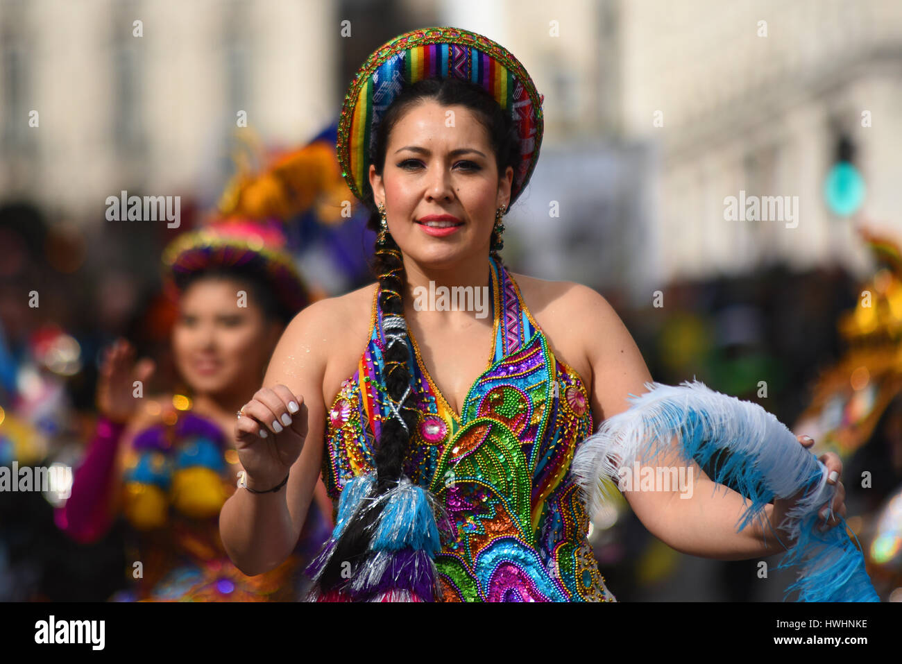 Morenada Bloque Kantuta at the 2017 St. Patrick's Day Parade in London Stock Photo