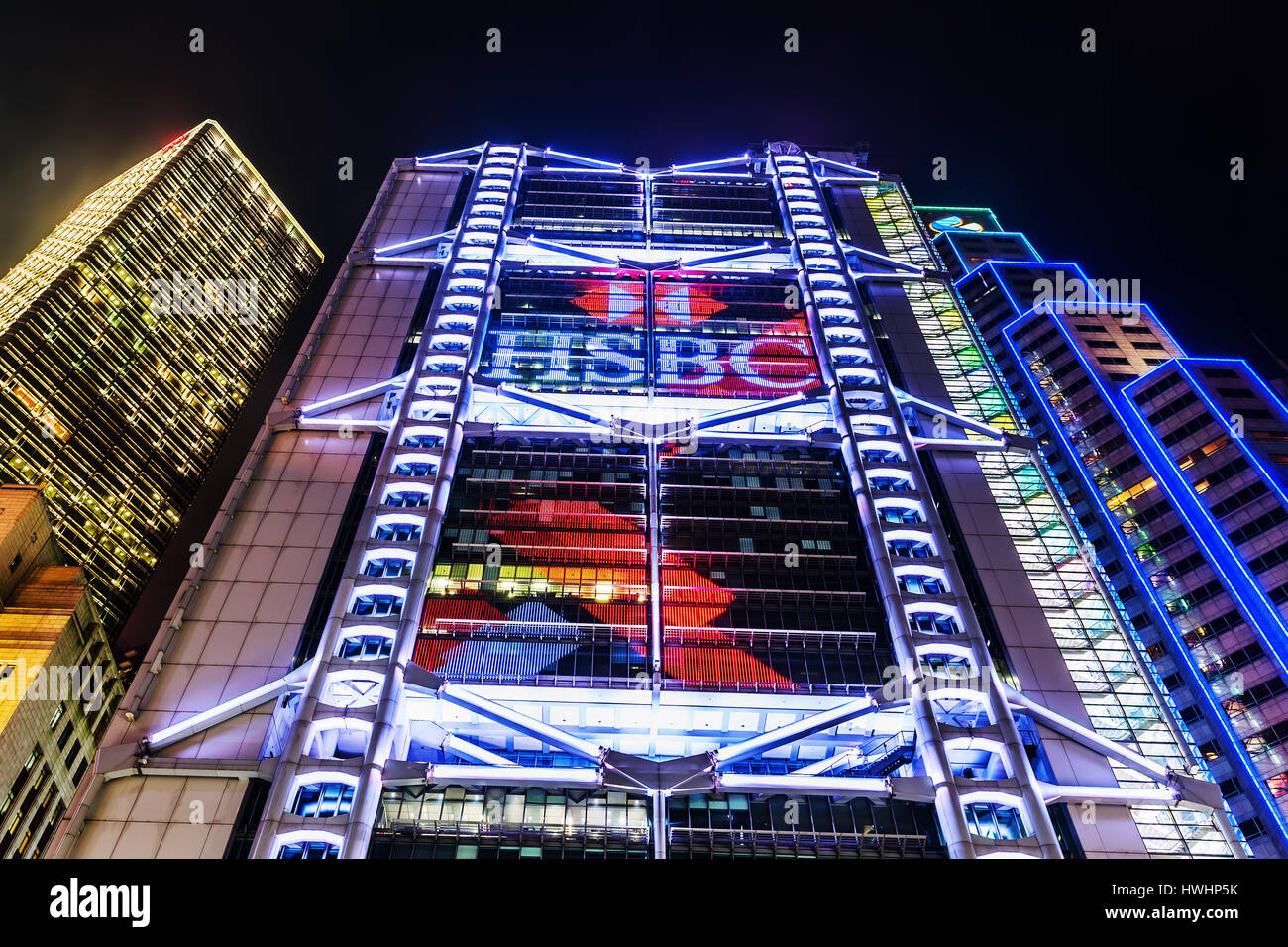 Hong Kong, Hong Kong - March 12, 2017: HSBC Main Building at night. Its ...