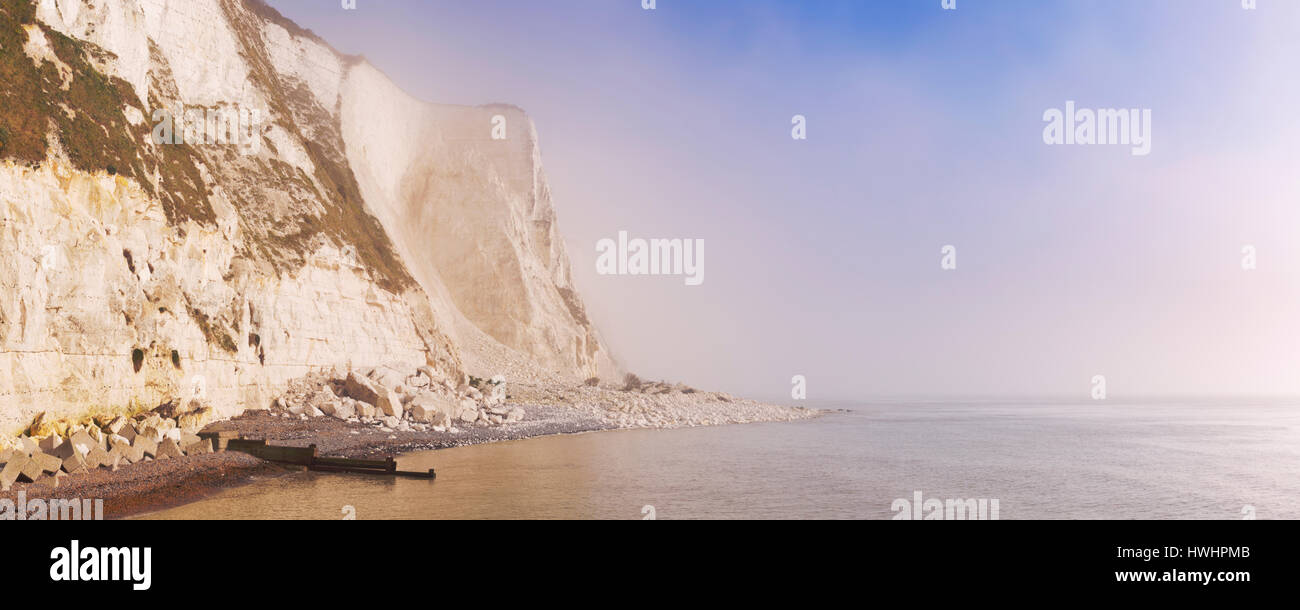 White cliffs at St. Margarets Bay in Kent, England on a foggy morning. Stock Photo