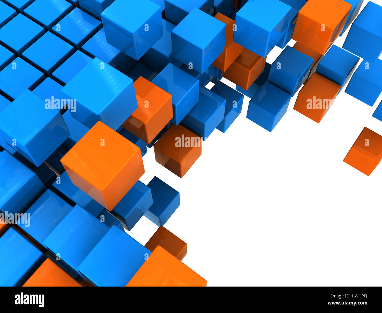 3d illustration of boxes stucture background, orange and blue colors ...