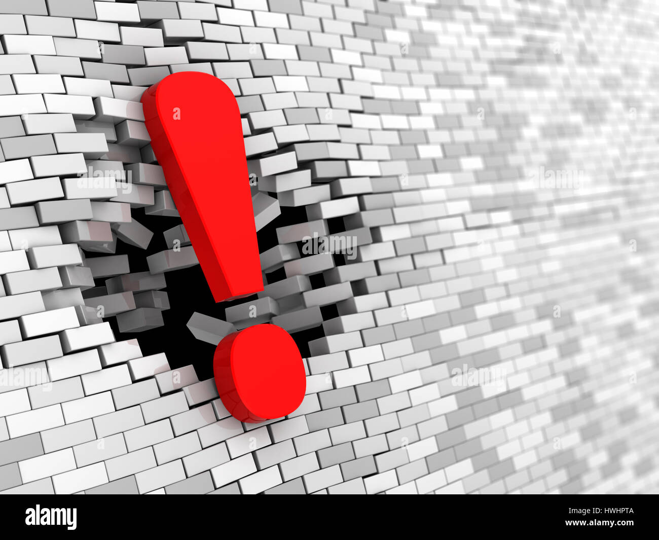 3d illustration of exclamation mark hitting brick wall Stock Photo - Alamy