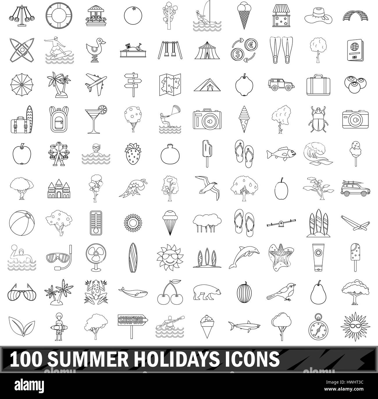 100 summer holidays icons set, outline style Stock Vector Image & Art ...