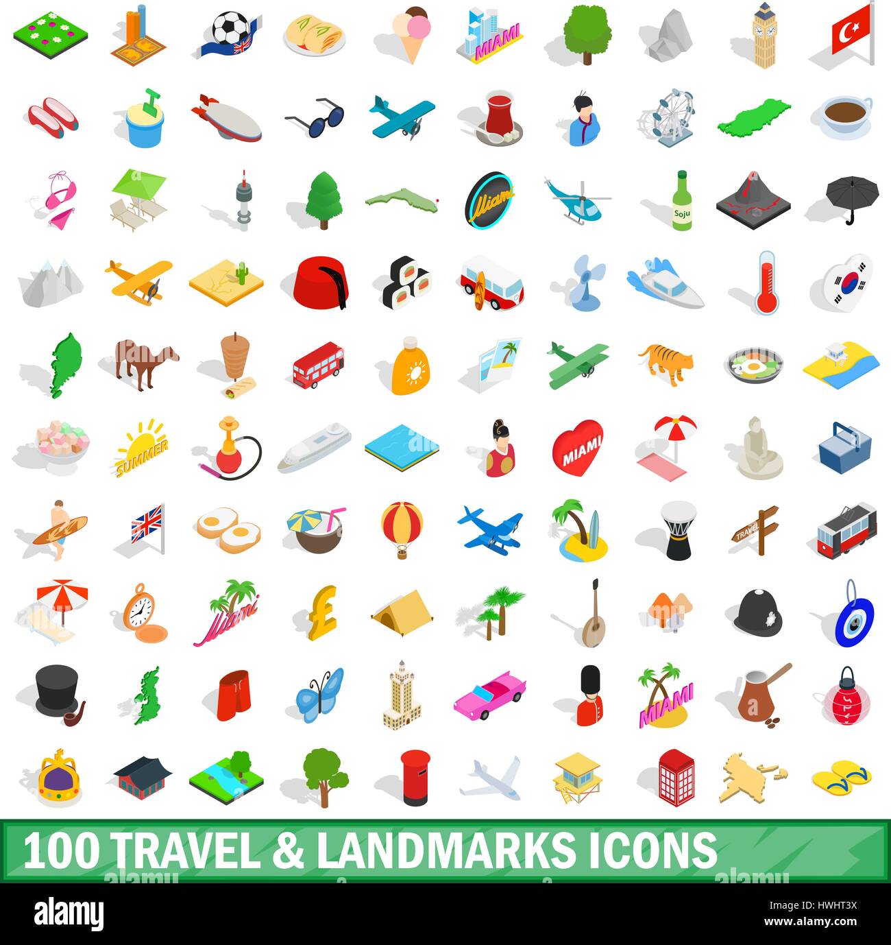 100 travel landmarks icons set, isometric 3d style Stock Vector Image ...