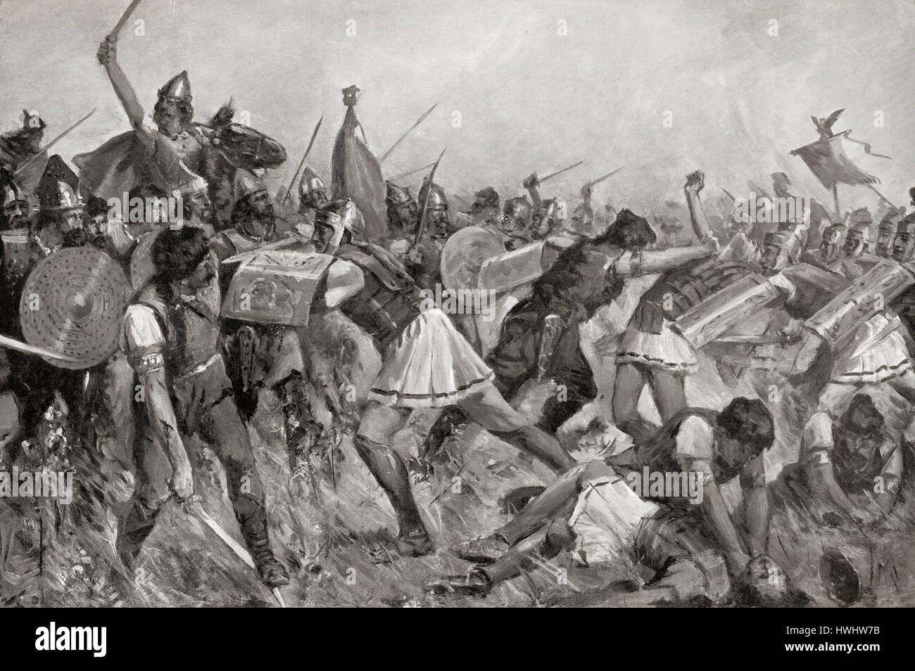 The Battle of Telamon between the Roman Republic and an alliance of Celtic tribes in 225 BC.  After the painting by Allan Stewart, (1865-1951).  From Hutchinson's History of the Nations, published 1915. Stock Photo