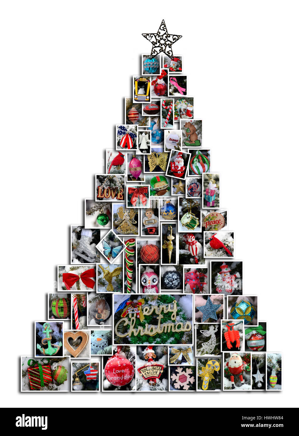A Christmas tree made from individual photos of various ornaments from