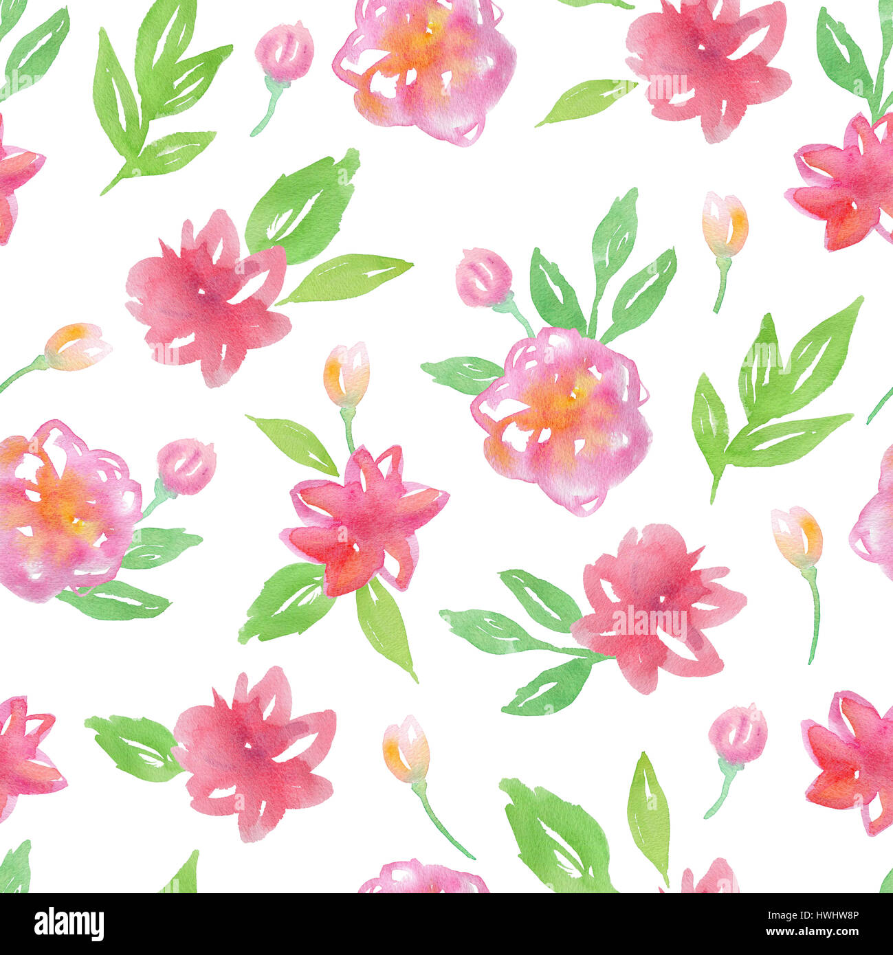 Watercolor floral seamless pattern with pink flowers and green leaves ...