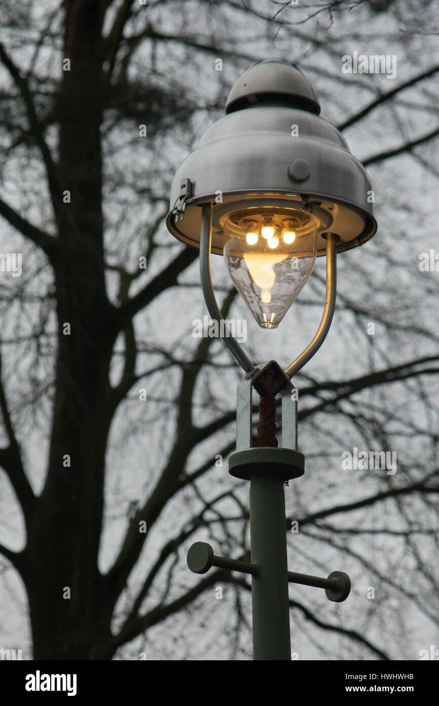 Historical four-burner gas lantern in Berlin Zehlendorf. The Photograph was captured shortly before the evening dusk, on the a cloudy day. Tree trunk Stock Photo