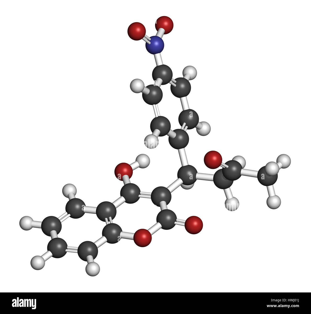 Acenocoumarol anticoagulant drug molecule (vitamin K antagonist). 3D