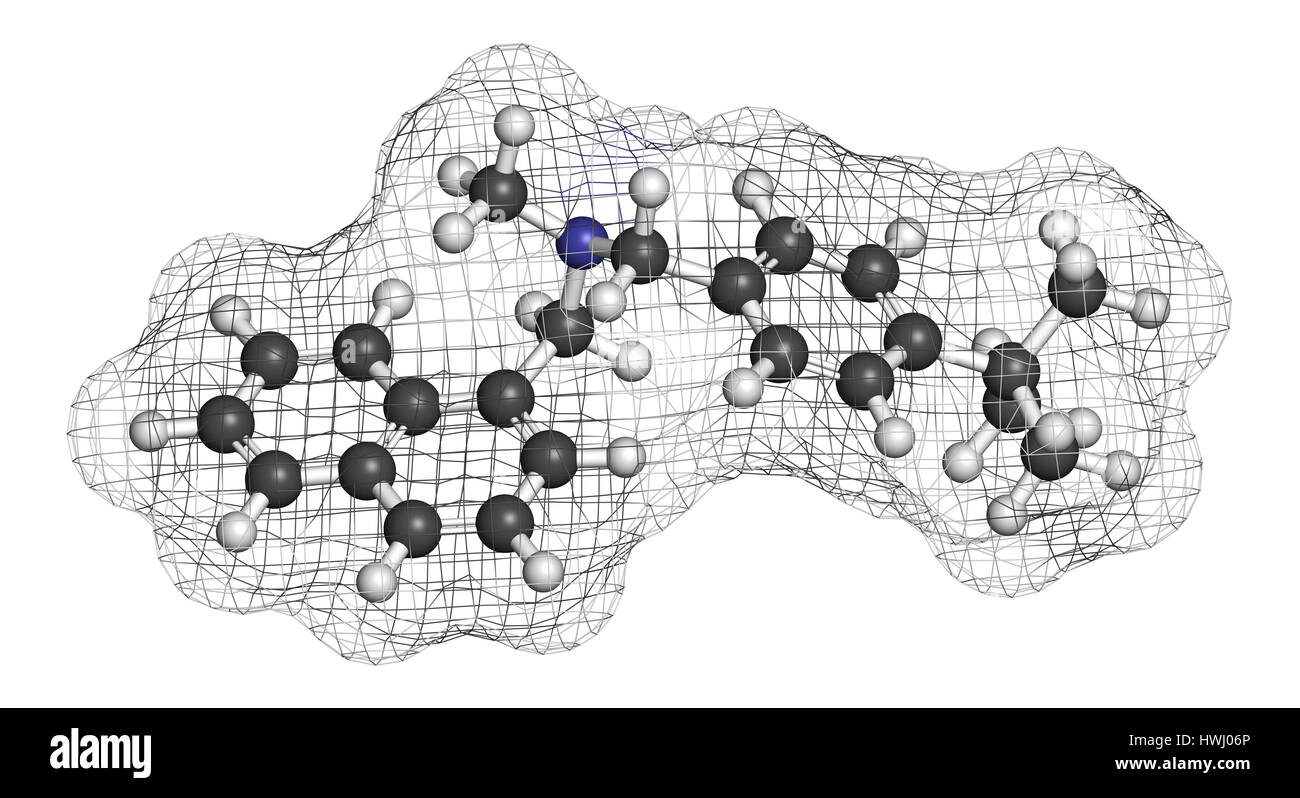 Butenafine antifungal drug molecule. 3D rendering. Atoms are represented as spheres with conventional color coding: hydrogen (white), carbon (grey), n Stock Photo