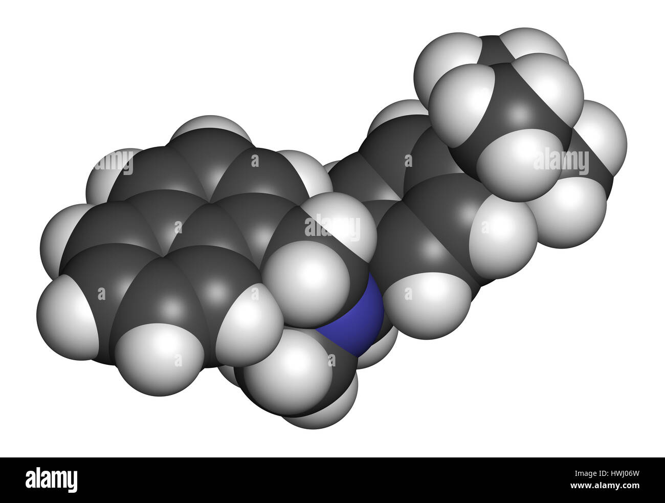 Butenafine antifungal drug molecule. 3D rendering. Atoms are represented as spheres with conventional color coding: hydrogen (white), carbon (grey), n Stock Photo