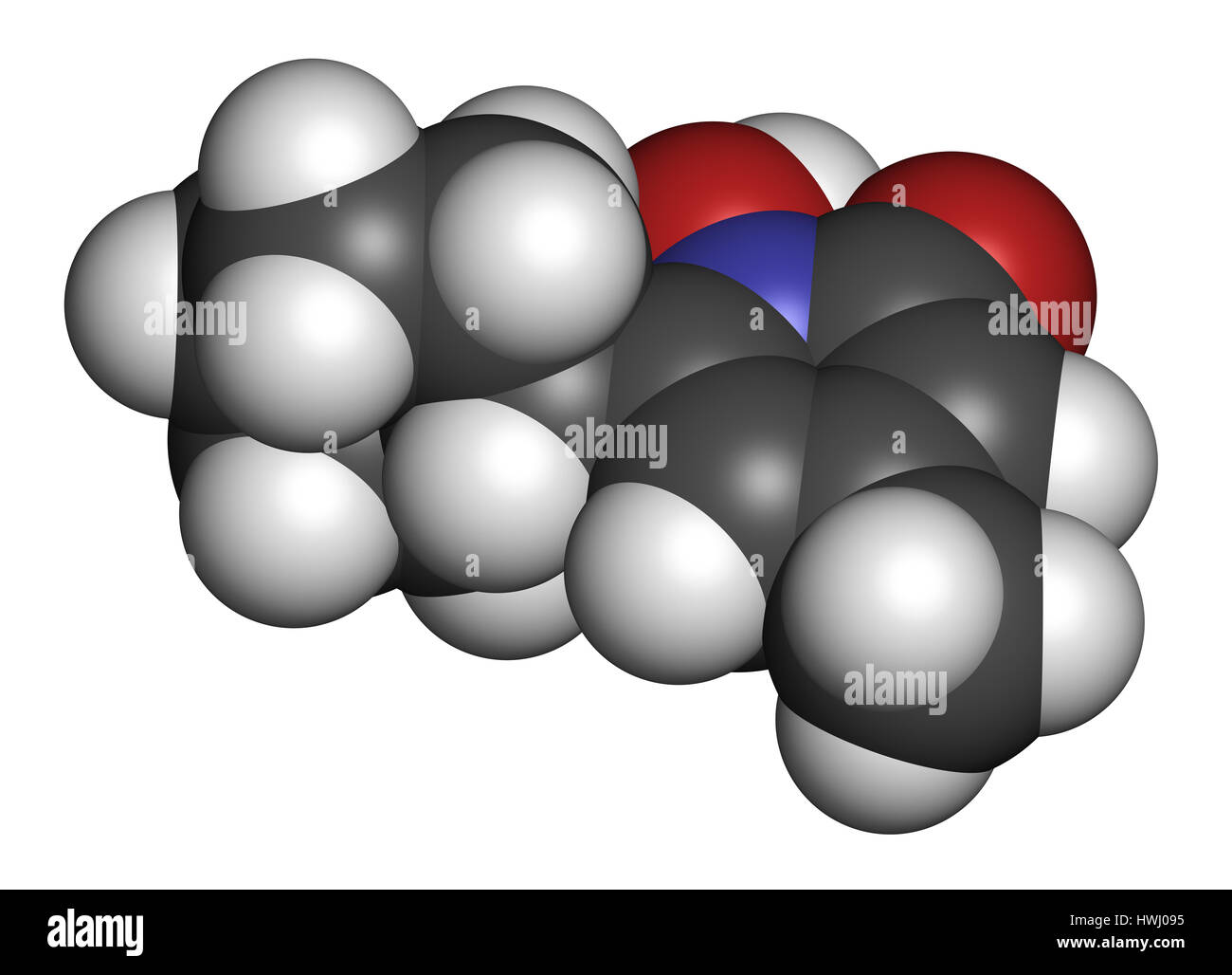 Ciclopirox antifungal drug molecule. 3D rendering. Atoms are represented as spheres with conventional color coding: hydrogen (white), carbon (grey), n Stock Photo