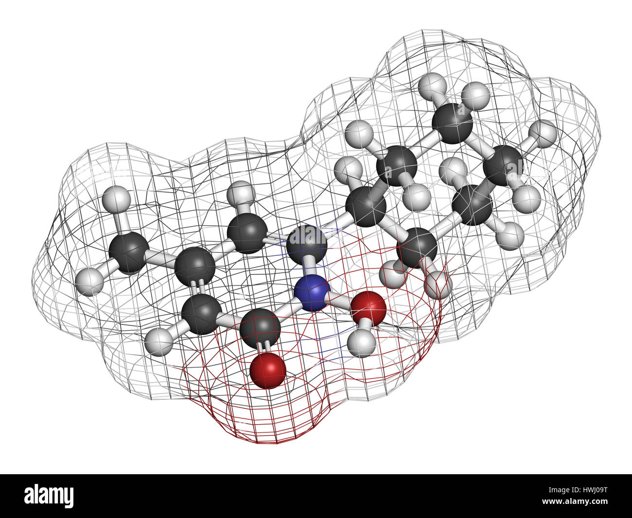 Ciclopirox antifungal drug molecule. 3D rendering. Atoms are represented as spheres with conventional color coding: hydrogen (white), carbon (grey), n Stock Photo