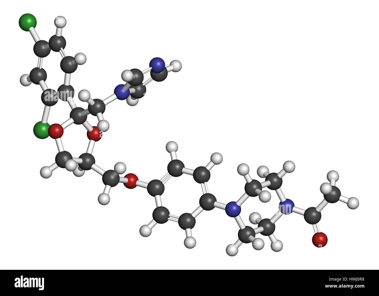 Ketoconazole antifungal drug molecule. 3D rendering. Atoms are