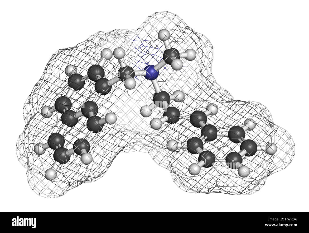 Naftifine antifungal drug molecule. 3D rendering. Atoms are represented as spheres with conventional color coding: hydrogen (white), carbon (grey), ni Stock Photo