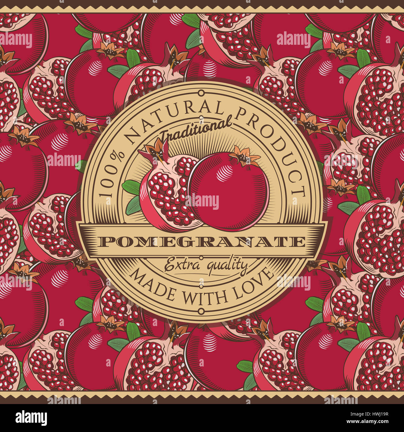 Vintage Pomegranate Label On Seamless Pattern Stock Photo - Alamy