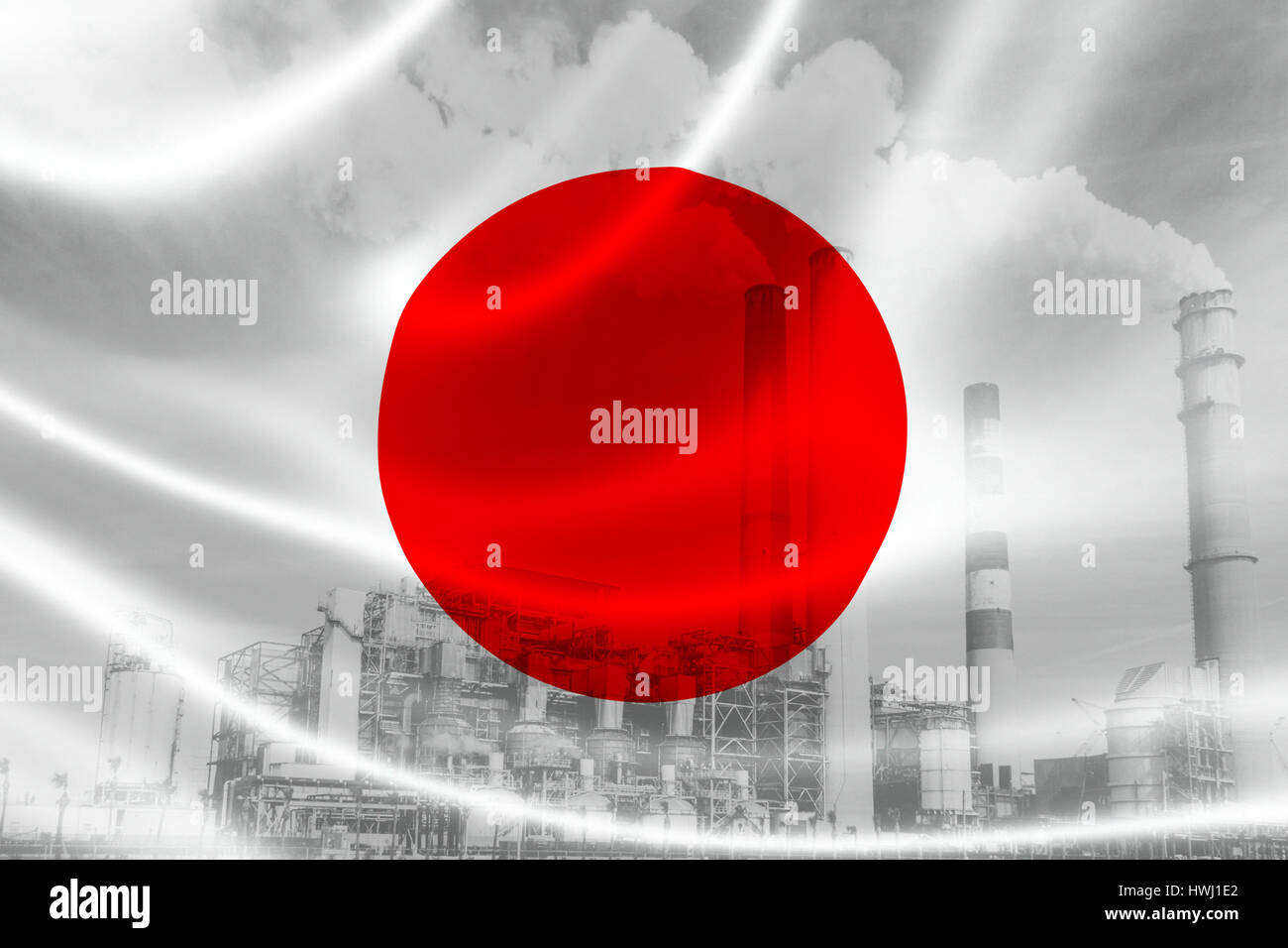 3D rendering of Japan's flag on silky satin and double exposure of factory smoke stacks in the background, signifying the serious industry pollution p Stock Photo
